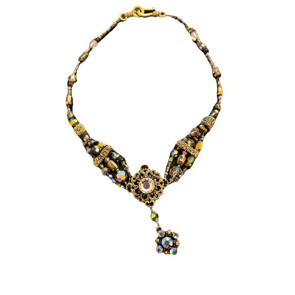 Victorian Style Choker Necklace Gold Tone Black Iridescent Crystal Statement - Picture 4 of 9